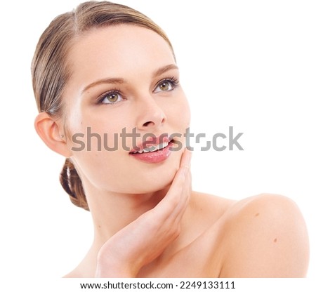 Happy woman, face or beauty skincare and makeup cosmetics, dermatology self love or healthcare wellness routine. Zoom, model or hand on facial glow, healthy collagen or hairstyle on white background