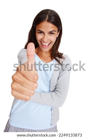 Thumbs up, hands and portrait of a woman happy about winning, success and thank you for support or vote. Happy female with yes or like emoji for deal, sale or discount isolated on a white background