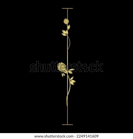 Capital letter I with floral motifs. Decorative font with blooming branches of red clover flower. Golden glossy silhouette on black background.