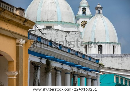 Afternoon view of the Spanish Colonial buildings and historic church of Tlacotalpan, Verzcruz, Mexico.