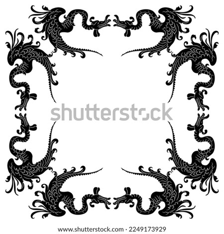 Rectangular frame with fantastic dragons. Black and white silhouette.