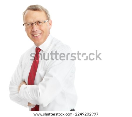 Portrait, business man and arms crossed in studio isolated on a white background mockup. Face, ceo and mature, proud and happy male entrepreneur from Canada with vision, mission and success mindset.