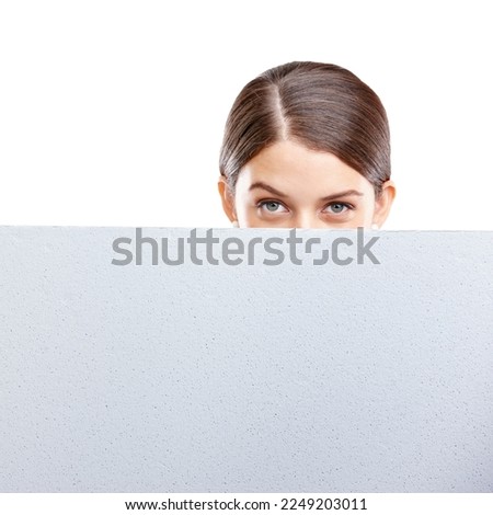 Woman, marketing with mockup and poster in studio, product placement with black sign isolated on white background. Advertising portrait, board and space, female eyes and vision, branding or promotion