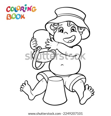Coloring book or page. Happy child in shorts and panama hat play in the sand and toys. Vector illustration.