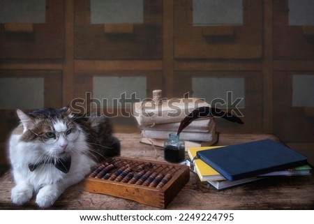 Funny cat with abacus sits on a table in the office