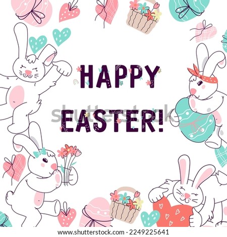 Easter card or poster design with bunnies and easter eggs, hand drawn doodle kawaii style vector illustration.