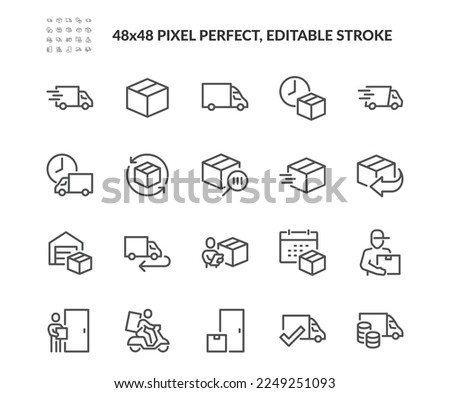 Simple Set of Truck Delivery Related Vector Line Icons. 
Contains such Icons as Door to Door Delivery, Express Shipping, Supply and more. Editable Stroke. 48x48 Pixel Perfect. Royalty-Free Stock Photo #2249251093