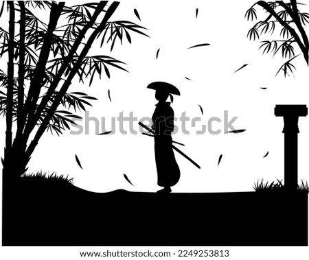 vector silhouette design of a traveler wearing a hood and two swords and he is standing near bamboo trees and street lamp
