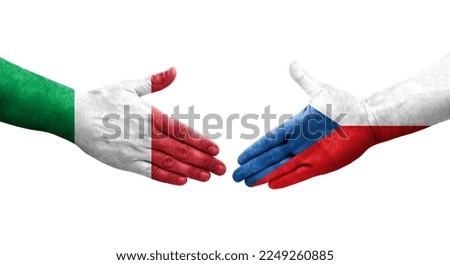 Handshake between Italy and Czechia flags painted on hands, isolated transparent image.