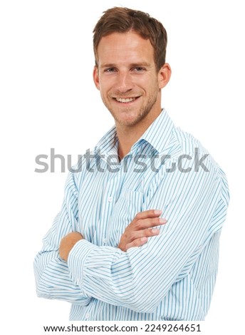 Portrait, businessman and arms crossed for success with white background, leadership or trust in Australia. Happy male model, corporate manager and professional worker on studio background with smile