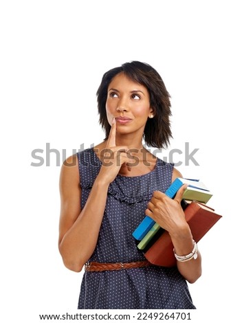 Woman is thinking with books, teacher and education with teaching and learning against white background. Academy, school and learn with reading, knowledge and study, vision and academic growth