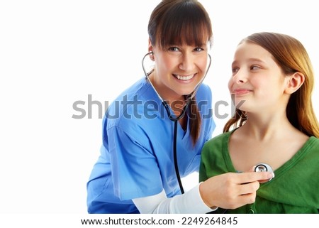 Woman, stethoscope and child consulting nurse in studio isolated on a white background mockup. Face portrait, healthcare and cardiologist or happy female pediatrician checking heart health of girl.