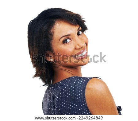 Woman, smile and portrait of a model with happiness and natural beauty with white background. Isolated, black woman and smiling person looking over shoulder feeling happy in studio mock up alone