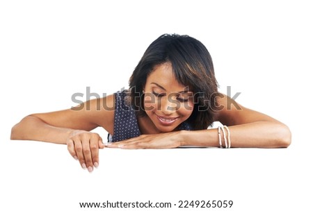 Billboard poster, banner and black woman with advertising space or mockup for marketing brand or logo. Female with business announcement, product placement or signage isolated on white background