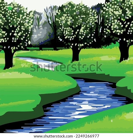 Vector illustration of beautiful spring fields with forest, mountains pond Landscape with dawn, green hill, bright blue sky. landscape with plants, leaves, flowers - greeting card, poster advertising 