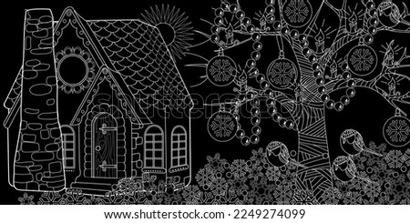 Art therapy coloring page. Colouring pictures with Cute Village House in Winter. Coloring books make you feel better. Coloring drawings is an effective art therapy practice
