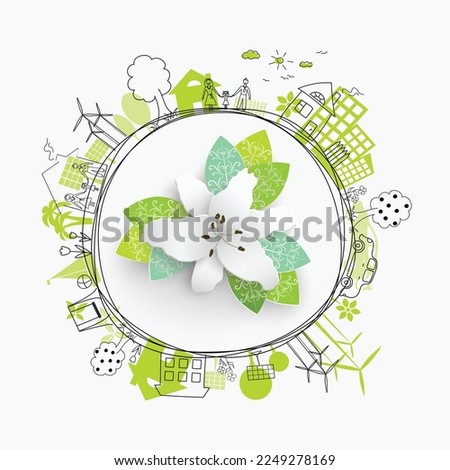 Ecology concept. Environmentally friendly world. Creative drawing on global environment with happy family stories. Info graphics. Icon. Simple illustrated illustration for printing, web. Idea. Vector