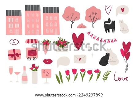 valentines day vector illustration in flat cartoon style, heart, love, house, pink tree, cat, gift, flowers, bouquet, party cart, champagne, bottle, glass, cocktail, cake, letter, balls