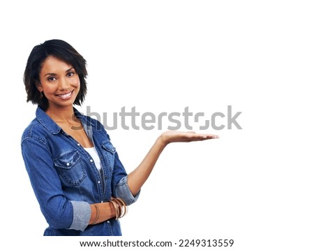 Mockup, happy or black woman in studio with marketing, product placement or branding space. White background, portrait or African girls hand advertising discount, sales or promotional deal offer