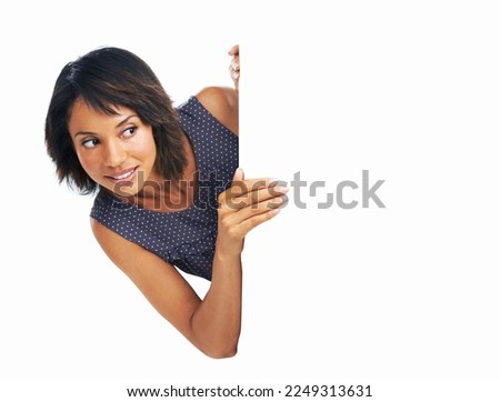 Poster, billboard and black woman with space, news or mockup for advertising brand or logo. Female with retail sale announcement, product placement or signage for white background branding poster