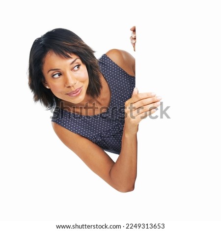 Poster, banner and black woman with marketing space, billboard or mockup for advertising brand or logo. Female with business announcement, product placement or signage for white background branding