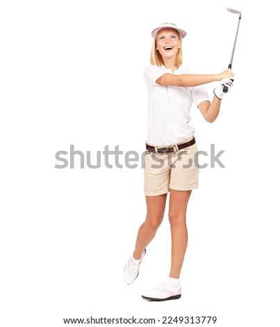 Fitness, exercise and golf by woman in studio happy, relax and smile while training on white background. Sport, wellness and girl golf player laughing while playing, having fun and swinging golf club