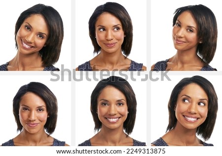 Happy black woman, headshot or collage on isolated white background for emoji or facial expression mosaic. Smile, face or model in composite montage for fun profile picture or business ID photography