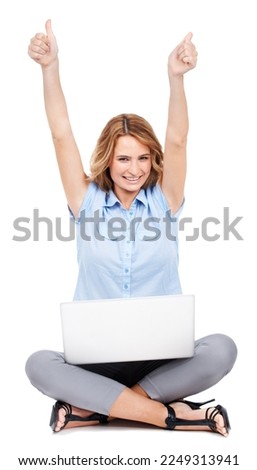 Laptop, thumbs up and business woman on studio floor happy, excited and winning on white background. Portrait, hand and success sign by female entrepreneur celebrating good news, idea or mission plan