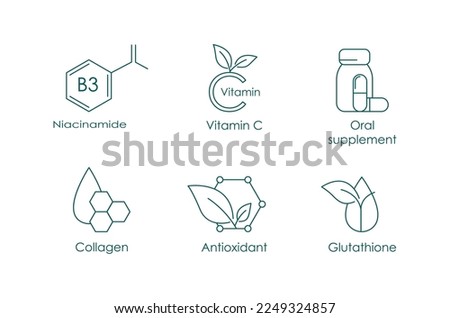 niacinamide, vitamin c, oral supplement, antioxidant, glutathione icon set vector illustration  Royalty-Free Stock Photo #2249324857