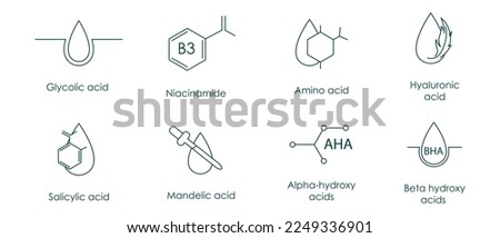 Alpha-hydroxy acids (AHA),
Beta hydroxy acids (salicylic acid), Hydroquinone,
Kojic acid,
Retinol,
L-ascorbic acid (vitamin C),
Hyaluronic acid,
Niacinamide (vitamin B3) Royalty-Free Stock Photo #2249336901