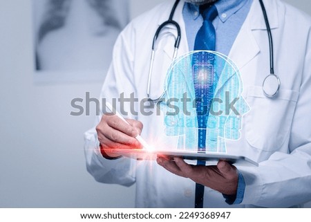 doctor man holds a tablet uses Chat GPT on virtual screen for checking disease in laboratory of hospital. virtual x-ray from Chat GPT shows analysis disease. physician do diagnostic infections with Ai Royalty-Free Stock Photo #2249368947