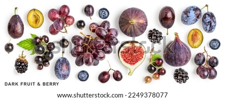 Dark fruit and berry mix banner. Grape, blueberry, fig, plum, black currant and blackberry isolated on white background. Creative layout. Flat lay, top view. Design element 
 Royalty-Free Stock Photo #2249378077