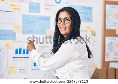 Middle age hispanic woman business worker writing on reminder paper at office