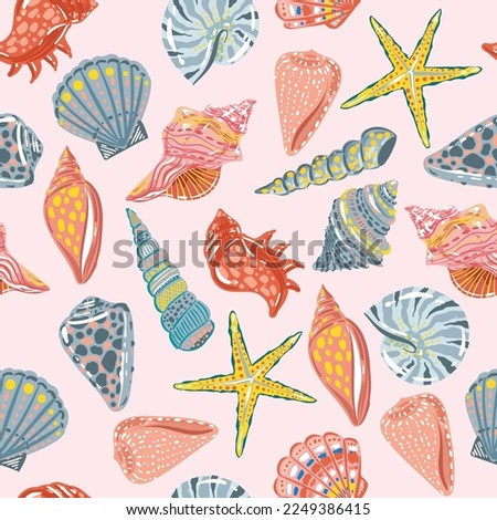 Beautiful seashells, corals and starfishes Seamless pattern ,Marine background. Vector illustration hand drawn pop colour ,Design for fashion , fabric, textile, wallpaper, wrapping and all prints 
 Royalty-Free Stock Photo #2249386415