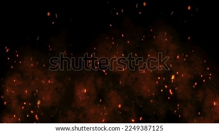 Burning red hot sparks rise from large fire in the night sky. Fiery orange glowing flying away particles over black background in 4k Royalty-Free Stock Photo #2249387125