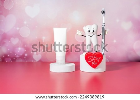cartoon model of a tooth, toothpaste and toothbrush on an abstract background of hearts