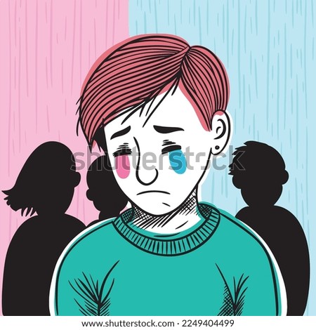 Bullied child Conceptual Illustration of  LGBTQ Rights, Social intolerance. A child victim of homophobia. School bullying and cyberbullying. Teenager crying because of depression. Royalty-Free Stock Photo #2249404499