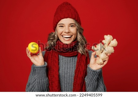Young smiling happy fun woman wear grey sweater scarf hat hold show lemon ginger root isolated on plain red background studio portrait. Healthy lifestyle ill sick disease treatment cold season concept