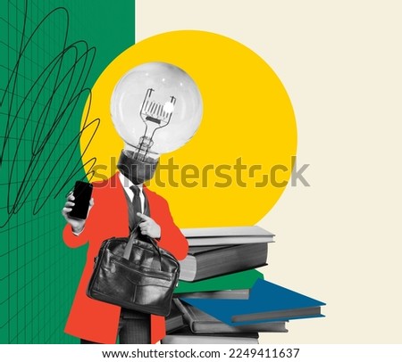 Contemporary art collage. Conceptual design. Man with light bulb head pointing on phone screen, standing behind books symbolizing professional education. Concept of business, career development Royalty-Free Stock Photo #2249411637