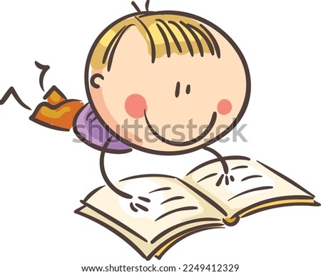 Child with book, little boy reading a book lying down, cartoon vector illustration, isolated on white background