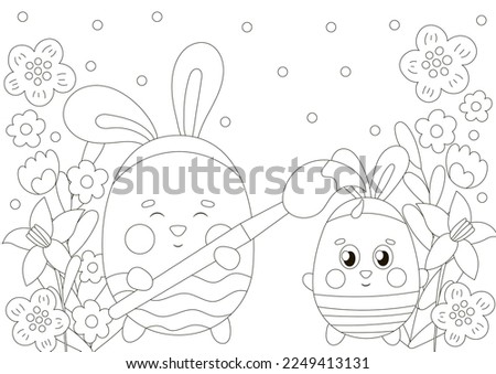 Cute coloring page for easter holidays with bunny character painting egg character, printable game for kids, black and white doodle