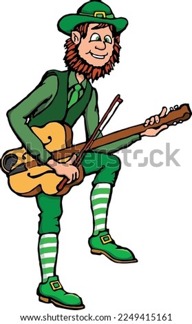 This clip art features a leprechaun plucking a four leaf clover shaped fiddle.