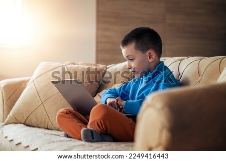 Cheerful little boy smiling while sitting on couch and using laptop at home. People and education concept.