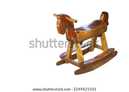 top view old brown wooden rocking horse on white background, vintage, decor, object, copy space