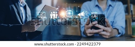 Hand shows the sign and icon of Digital marketing internet advertising and sales increase business technology concept, online marketing, E-business, Ecommerce, Business online.