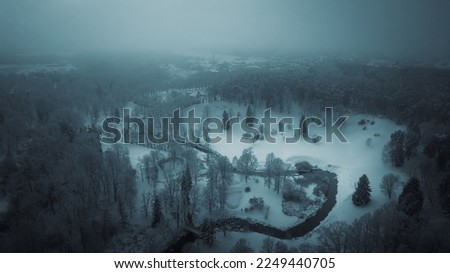 Winter landscape photo from the drone. Aerial view from the drone on the river