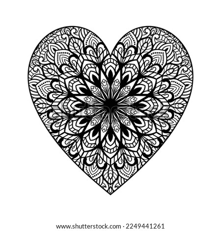 Heart shaped mandala floral pattern for coloring book, heart with floral mandala pattern, hand drawn heart floral mandala doodle, heart mandala coloring page for adult