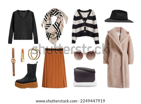 Trendy women's fashion clothes collection isolated. Female clothing on white. Beautiful black beige apparel set.