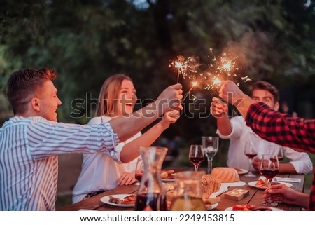 Group of happy friends celebrating holiday vacation using sprinklers and drinking red wine while having picnic french dinner party outdoor near the river on beautiful summer evening in nature