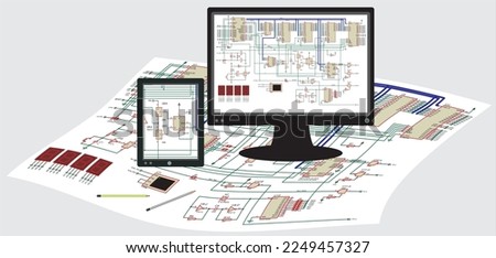 Drawing of an electronic device on white paper sheet, on screen of 
monitor and tablet.
Vector electrical schematic diagram of an digital electronic device. Royalty-Free Stock Photo #2249457327